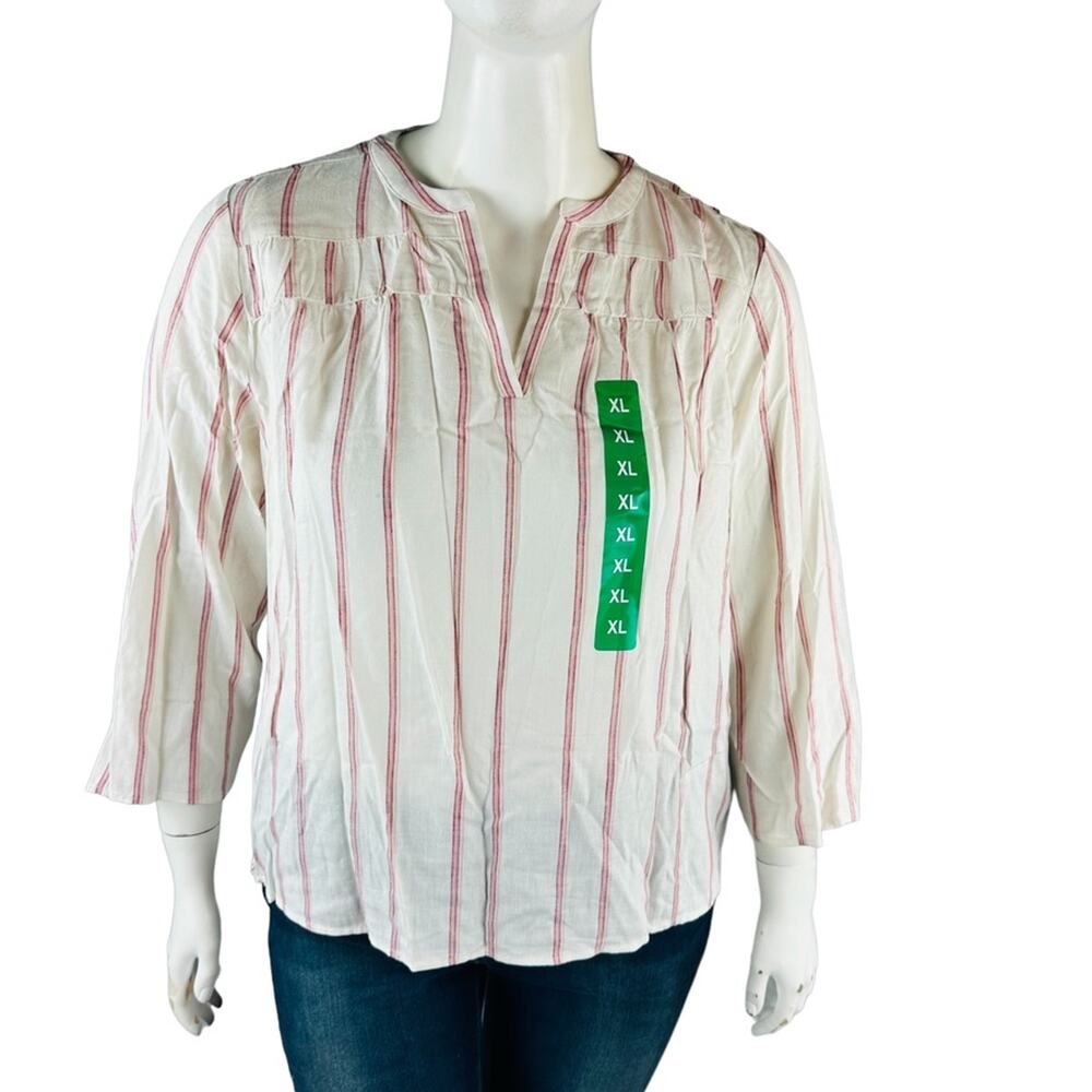 New Splendid Womans Sz XL Blouse 3/4 Sleeve V Neck Stripes Linen Blend Ivory NWT